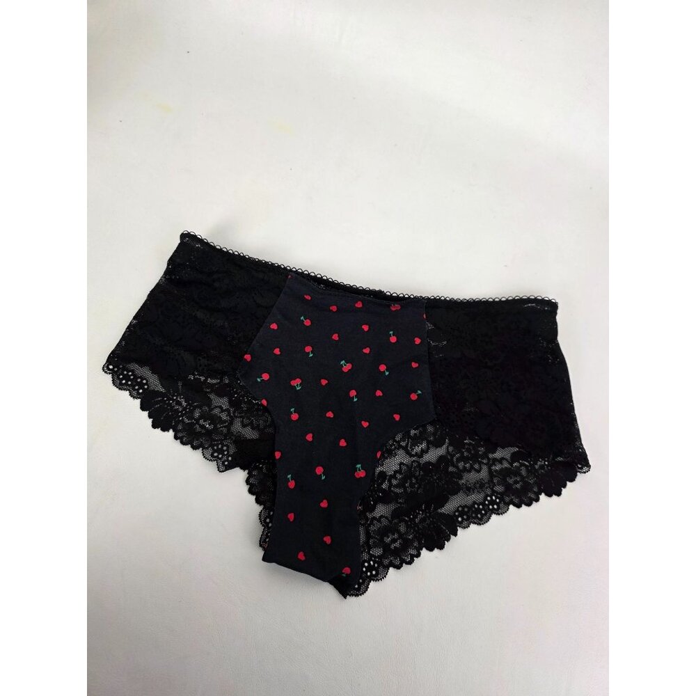 NWT Victoria's Secret Pink Cheeky Black Lace Cherry Print Womens Panties Small